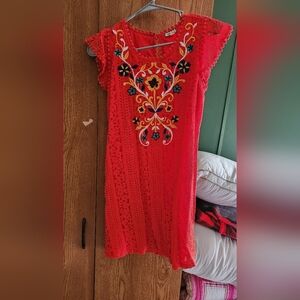 Eyeshadow Red Lace Mini Dress with Embroidery